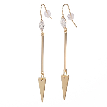 Brass Dangle Earrings, with Cubic Zirconia, Iron Bar Links and Plastic Earring Backs, Triangle, Golden, 70mm, Pin: 0.8mm