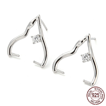 Rhodium Plated 925 Sterling Silver with Clear Cubic Zirconia Stud Earring Findings, for Half Drilled Beads, with S925 Stamp, Real Platinum Plated, 15x15mm, Pin: 10x07mm and 0.6mm