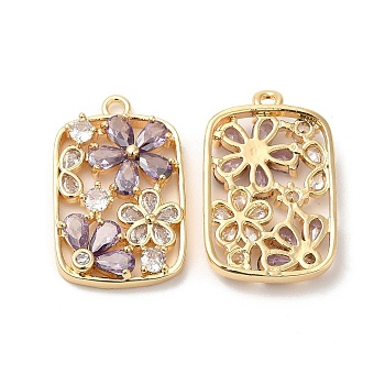 Real 18K Gold Plated Brass Pendant, with Glass, Rectangle with Flower Charms, Medium Purple, 25.5x16x4.5mm, Hole: 1.6mm