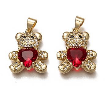 Brass Micro Pave Cubic Zirconia Pendants, Long-Lasting Plated, Real 18K Gold Plated, Inlay Bear Shape, Red, 19.5x16x5.5mm, Hole: 3.5X4mm
