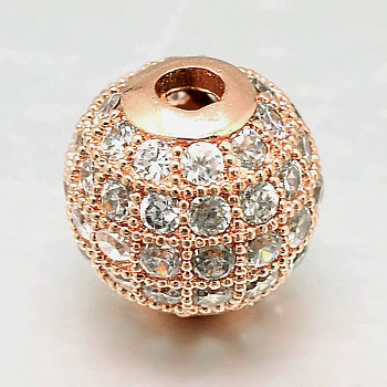 Round Brass Micro Pave Cubic Zirconia Beads, Clear, Rose Gold, 8mm, Hole: 2mm
