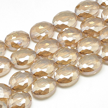 Electroplate Glass Beads Strands, Rainbow Plated, Faceted, Oval, PeachPuff, 20x16x9mm, Hole: 1.5mm, about 35pcs/27.7 inch