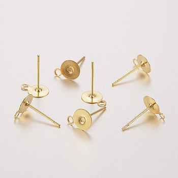304 Stainless Steel Stud Earring Findings, with Loop, Flat Round, Real 24K Gold Plated, 8.5x6x0.3mm, Hole: 1.2mm, Pin: 0.8mm