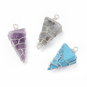 Natural & Synthetic Gemstone Pendants, with Silver Plated Copper Wire Wrapped, Pyramid, 30~33x16x14~14.5mm, Hole: 3mm