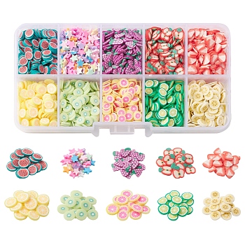 60G 10 Style Handmade Polymer Clay Nail Art Decoration, Fashion Nail Care, No Hole, Fruit, Mixed Color, 3.5~9x3.5~8x0.1~3mm, 6g/style