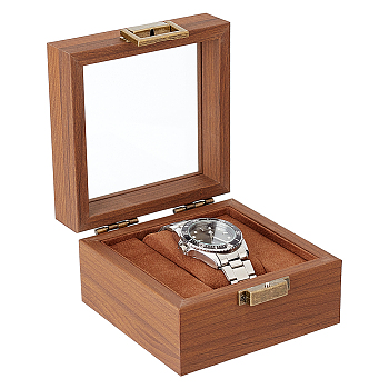 Square Wood Watch Storage Boxes, Watch Gift Case with Clear Glass Window, for Gift Wrapping, Coconut Brown, 12x12x7.45cm