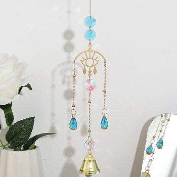 Faceted Glass Teardrop & Octagon Hanging Suncatcher, Iron Bell Wind Chime, with Jump Ring, Evil Eye Pattern, 300x2mm, Hole: 10mm, Pendant: 210x39.5x24.5mm