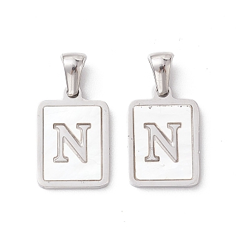 304 Stainless Steel Pave Shell Pendants, Rectangle Charm, Stainless Steel Color, Letter N, 17.5x12x1.5mm, Hole: 3x5mm