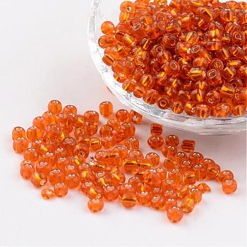 6/0 Round Silver Lined Round Hole Glass Seed Beads, Orange Red, 4mm, Hole: 1.5mm, about 496pcs/50g