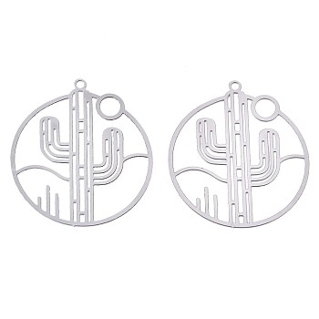 201 Stainless Steel Filigree Pendants, Etched Metal Embellishments, Ring with Cactus, Stainless Steel Color, 33x30x0.3mm, Hole: 1.6mm