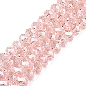 Electroplate Glass Beads Strands, Pearl Luster Plated, Faceted, Rondelle, Pink, 8x6mm, Hole: 1mm, about 64~65pcs/strand, 40~41cm