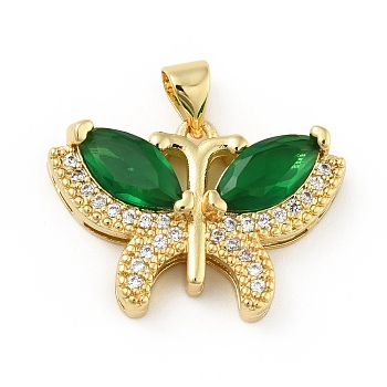 Brass Micro Pave Cubic Zirconia Pendants, Cadmium Free & Lead Free, Long-Lasting Plated, Butterfly, Real 18K Gold Plated, Dark Green, 16.5x23.5x6mm, Hole: 3.5x3.5mm