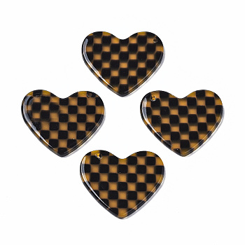 Transparent Cellulose Acetate(Resin) Pendants, Heart with Grid Pattern, Coconut Brown, 23.5x27.5x2.5mm, Hole: 1.4mm