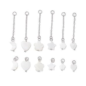 12Pcs 12 Styles Natural Freshwater Shell Big Pendants Set, with Platinum Plated 304 Stainless Steel Open Jump Rings and Brass Cable Chains, Heart & Moon & Star, Mixed Shapes, Seashell Color, 47~53mm, 1pc/style