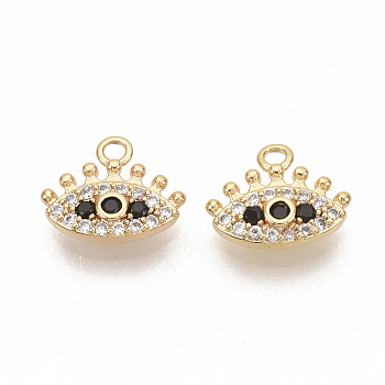 Brass Micro Pave Cubic Zirconia Charms, Nickel Free, Real 18K Gold Plated, Eye, Clear & Black, 8x9.5x2mm, Hole: 1.2mm