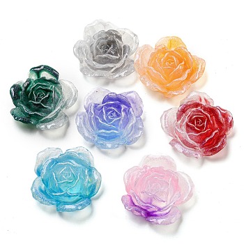 Luminous Transparent Epoxy Resin Decoden Cabochons, Glow in the Dark Flower with Glitter Powder, Mixed Color, 35x35.5x12mm