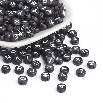 Acrylic Horizontal Hole Letter Beads, Mixed Letters A to Z, double-side pattern, Flat Round, Black, 7x4mm, Hole: 1mm