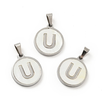 304 Stainless Steel with White Shell Pendants, Stainless Steel Color, Flat Round with Letter Charm, Letter.U, 18x16x1.5mm, Hole: 3x6mm