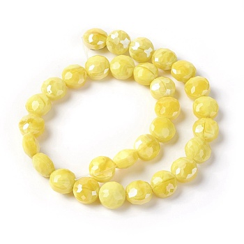 Electroplate Glass Beads Strands, Pearl Luster Plated, Faceted Flat Round, Champagne Yellow, 10x6.5~7mm, Hole: 1mm, about 30pcs/strand, 11.8 inch(30cm)