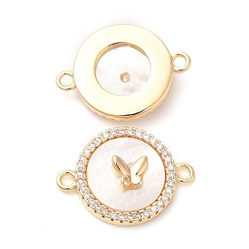 Brass Micro Pave Clear Cubic Zirconia Connector Charms, with Shell, Flat Round Links with Butterfly, Real 18K Gold Plated, 14x19x4mm, Hole: 1.5mm