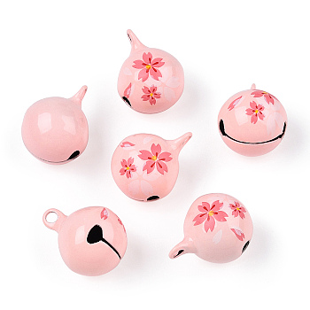 Baking Painted Brass Bell Pendants, Ball with Sakura, Pink, 23x18x18mm, Hole: 2.5mm