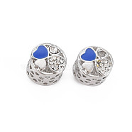 Rack Plating Alloy Enamel European Beads, with Crystal Rhinestone, Large Hole Beads, Cadmium Free & Nickel Free & Lead Free, Flat Round with Heart, Platinum, Royal Blue, 11x9mm, Hole: 5mm(MPDL-N039-133-04)