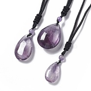 Natural Amethyst Teardrop Pendant Necklace with Nylon Cord for Women, Pandant: 27.5~36x17~25x8~15.5mm, 27.56 inch(70cm)(NJEW-P274-04)