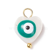 Natural Freshwater Shell Charms, with Golden Tone Alloy Loops, Heart with Evil Eye, Dark Cyan, 15x10x4mm, Hole: 2.5mm(PALLOY-JF01873-01)