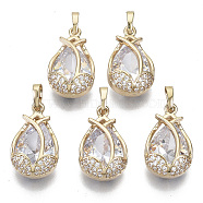 Brass Micro Cubic Zirconia Pendants, with Glass and Brass Snap on Bails, Teardrop, Light Gold, Clear, 19x12.5x8mm, Hole: 6x4mm(X-KK-N235-029)