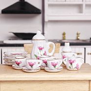 Mini Ceramic Tea Sets, including Cup, Teapot, Saucer, Micro Landscape Garden Dollhouse Accessories, Pretending Prop Decorations, Flower, 13~27mm, 15pcs/set(BOTT-PW0011-44B)