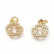 Brass Micro Pave Clear Cubic Zirconia Pendants, Real 18K Gold Plated, with Jump Rings, 12 Constellations, Cadmium Free & Lead Free, Cancer, 10.5x10x2mm, Hole: 2mm(ZIRC-P081-G02-RS)