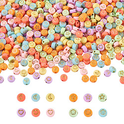 Cheriswelry 1000Pcs 4 Style Opaque Acrylic Beads, Metal Enlaced, Flat Round with Golden Star & Flower & Moon & Heart, Mixed Color, 7x4mm, Hole: 1.5mm(MACR-CW0001-07)