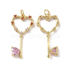 Brass Micro Pave Cubic Zirconia Pendants, with Jump Ring and Glass, Heart Key Charm, Real 18K Gold Plated, 29x14.5x3mm, Hole: 3.3mm(KK-E068-VF343)