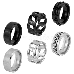 6Pcs 6 Style Stainless Steel Plain & Curb Chains Finger Rings Set for Women, Electrophoresis Black & Stainless Steel Color, Inner Diameter: 17.6~17.9mm, 1Pc/style(RJEW-FI0001-01)