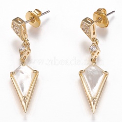 Brass Micro Pave Clear Cubic Zirconia Dangle Stud Earrings, with Natural White Shell Mother of Pearl Shell and Ear Nuts, Rhombus, Golden, 34mm, Pin: 0.6mm(EJEW-F259-01B-G)