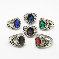 Glass Wide Band Finger Rings, with Alloy Ring Findings, Faceted, Oval, Antique Silver, Size 7~11, Mixed Color, 17~21mm(RJEW-T003-23G)