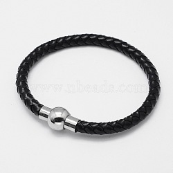 Braided Leather Cord Bracelets, with 304 Stainless Steel Magnetic Clasps, Black, 200x6mm(BJEW-I199-01)
