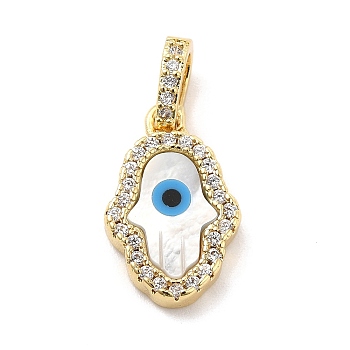 Brass Micro Pave Cubic Zirconia Pendants, with Cellulose Acetate(Resin) Evil Eye, Golden, Hamsa Hand, Palm, 16.5x10.5x3mm, Hole: 5.5x3.5mm