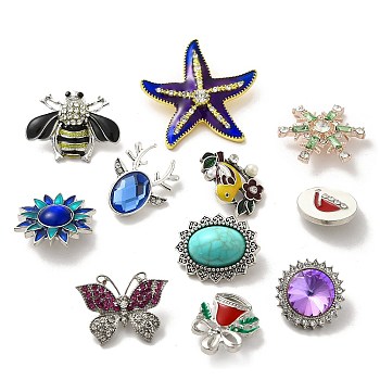 Alloy Buttons, with Enamel & Rhinestone & Synthetic Turquoise, Mixed Color, 19~40x18~40x3~6mm