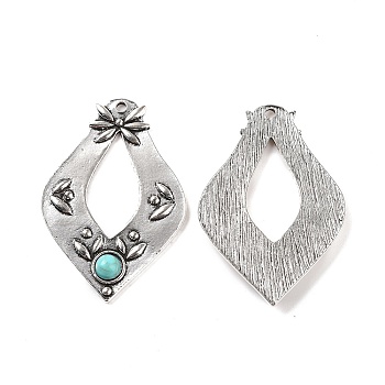 Alloy Big Pendants, with Synthetic Turquoise, Rhombus Charms, Antique Silver, 51x34x4mm, Hole: 2mm