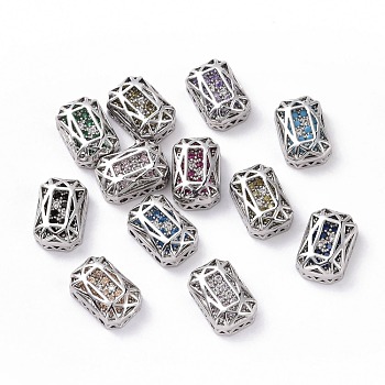 Eco-friendly Brass Micro Pave Cubic Zirconia Multi-strand Links, Rack Plating, Cadmium Free & Lead Free, Rectangle Octagon, Platinum, Mixed Color, 12x8x5mm, Hole: 1.2mm