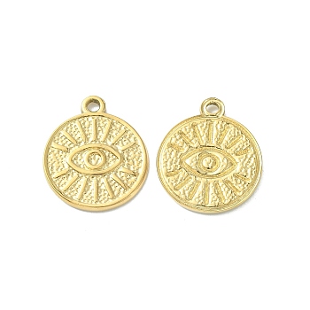 304 Stainless Steel Pendants, Flat Round with Eye Charms, Real 14K Gold Plated, 19.5x16.5x1.8mm, Hole: 1.6mm