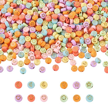 Cheriswelry 1000Pcs 4 Style Opaque Acrylic Beads, Metal Enlaced, Flat Round with Golden Star & Flower & Moon & Heart, Mixed Color, 7x4mm, Hole: 1.5mm