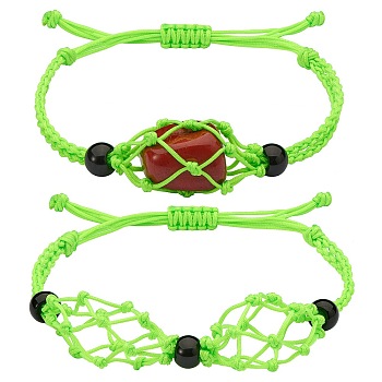 Adjustable Braided Nylon Cord Macrame Pouch Bracelet Making, with Glass Beads, Lime Green, Inner Diameter: 1-7/8~3-1/4 inch(4.7~8.4cm), 2 styles, 1pc/style, 2pcs/set
