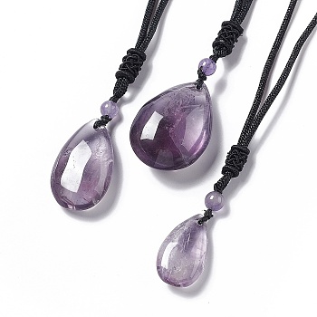 Natural Amethyst Teardrop Pendant Necklace with Nylon Cord for Women, Pandant: 27.5~36x17~25x8~15.5mm, 27.56 inch(70cm)