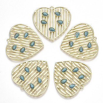 Rack Plating Alloy Pendants, with Acrylic Imitation Turquoise, Cadmium Free & Lead Free, Heart with Teardrop, Light Gold, 33x34.5x3mm, Hole: 1.8mm