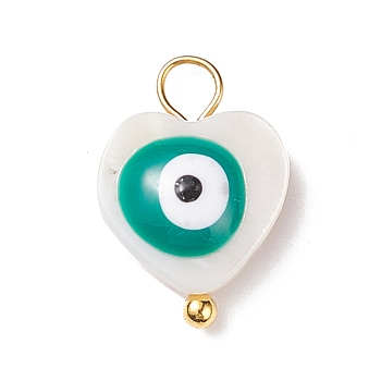 Natural Freshwater Shell Charms, with Golden Tone Alloy Loops, Heart with Evil Eye, Dark Cyan, 15x10x4mm, Hole: 2.5mm