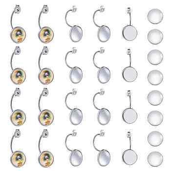 DIY Earring Makings, with 304 Stainless Steel Ear Nuts, Earring Backs and Transparent Glass Cabochons, Flat Round, Stainless Steel Color, Tray: 14mm, 33x16x16mm, Hole: 0.8mm