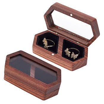 2-Slot Wooden Couple Rings Storage Boxes, Clear Window Wedding Ring Case, with Magnetic Clasps and Velvet Inside, Hexagon, Black, 9.6x5x2.95cm, Inner Diameter: 45x35mm