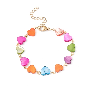 Natural Shell Heart Link Chain Bracelet, 304 Stainless Steel Jewelry for Women, Golden, Colorful, 6-7/8 inch(17.5cm)